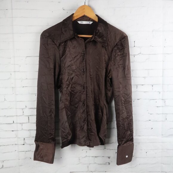ZARA BROWN LONG SLEEVE BUTTON DOWN FITTED WRINKLED TOP SIZE MEDIUM NWOT - Picture 1 of 8